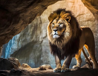 Visualization of the proverb The lion's den, standing for a dangerous or threatening place or