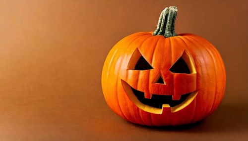 AI generated image showing a illuminated halloween pumpkin in orange back with shadow