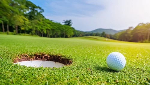 AI generated image showing a golf ball near hole on a course in sunny ambiance
