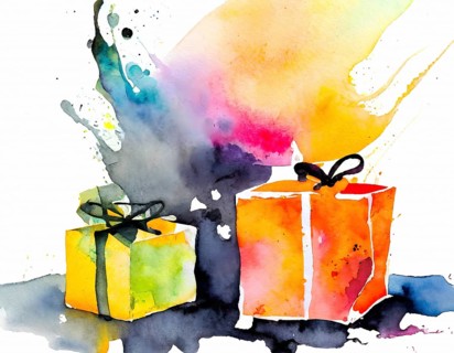 AI generated image showing some colorful presents, watercolor style with splashes and spots in