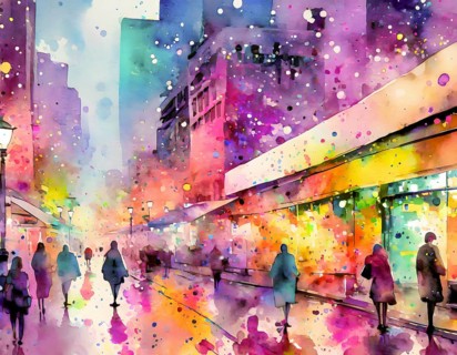 AI generated image showing a vivid illuminated city scenery, watercolor style with splashes and