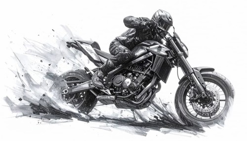 AI generated sketch of a motorcyclist in racing ambiance, with splashes, splatter and spots