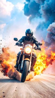 Ai generated image showing a driving motorcyclist on the road surrounded by fire and smoke