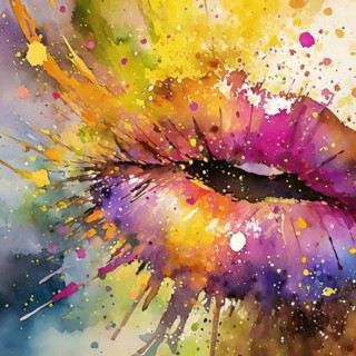 Sensual theme showing a human mouth in multicolored vibrant splashy ambiance. AI generated image