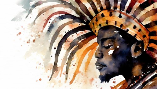 AI generated image showing the portrait of an african warrior with awesome headdress, watercolor