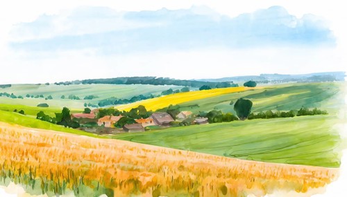 Idyllic rural landscape at summer time (AI generated image in watercolor style)