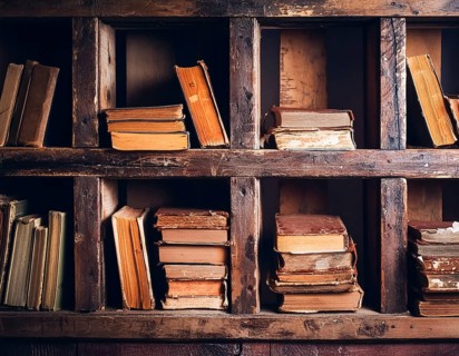 AI generated image showing old rundown books in a wooden bookshelf