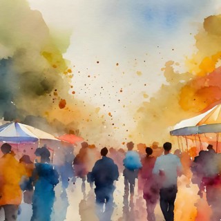 AI generated festivity theme showing a urban street market scenery with lots of people in