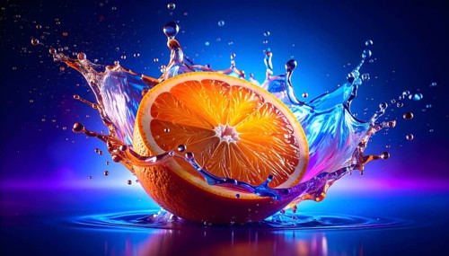 Halved orange fruit in flashy ambiance. AI illustration with light effects and liquid splashes, AI