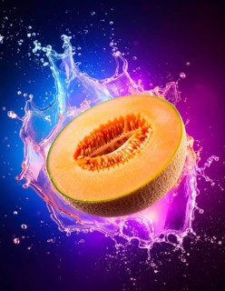 Halved honeydew melon in flashy ambiance. AI illustration with light effects and liquid splashes,