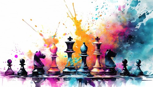 Gaming theme showing some chess pieces in multicolored vibrant splashy ambiance. AI generated image