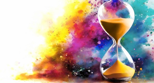 Passage of time theme showing a hourglass in multicolored vibrant splashy ambiance. AI generated