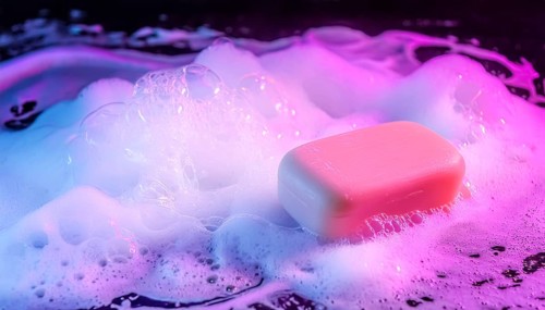 AI generated closeup image showing a soap bar and foam in colorful illuminated ambiance