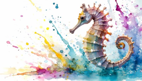Marine animal theme showing a sea horse in multicolored vibrant splashy ambiance. AI generated