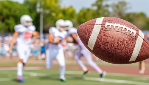 AI generated image showing a rugby scenery with ball closeup on a playing field with players