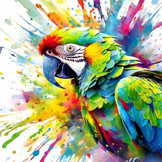Wildlife and animal theme showing a parrot in multicolored vibrant splashy ambiance. AI generated