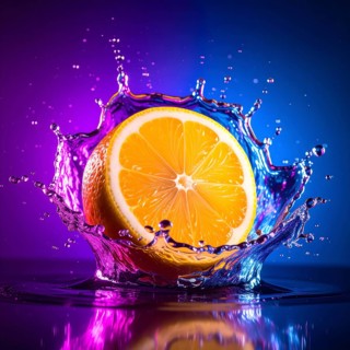 Orange fruit in flashy ambiance. AI illustration with light effects and liquid splashes, AI