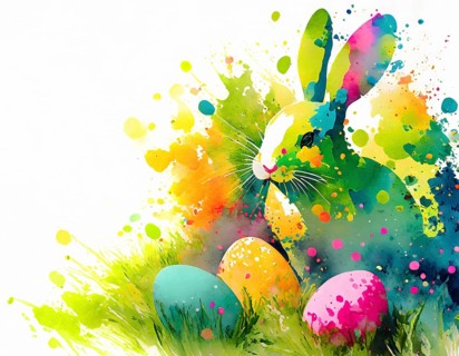 Easter theme showing colored Easter eggs and Easter Bunny in multicolored vibrant splashy ambiance.