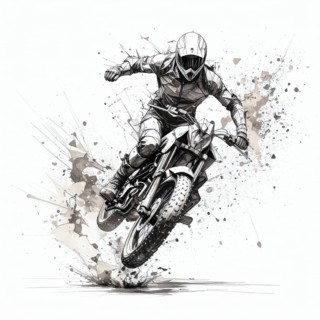 AI generated sketch of a motorcyclist in racing ambiance, with splashes, splatter and spots