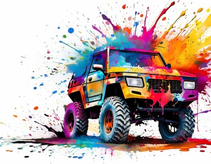 Outdoor and adventure theme showing a off-road vehicle in multicolored vibrant splashy ambiance. AI