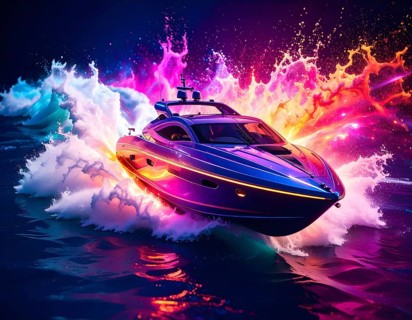 Watercraft theme showing a speedboat in multicolored vibrant splashy ambiance. AI generated image