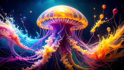 AI generated marine animal and sea life theme showing a floating jellyfish in dark ambiance with