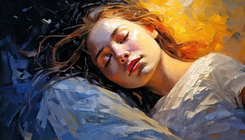 AI generated image showing the portrait of a painted young woman while dreaming with closed eyes