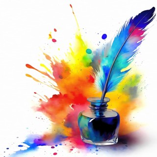 Writing theme showing a inkwell with quill in multicolored vibrant splashy ambiance. AI generated