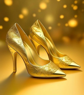 AI generated image showing golden high-heels in golden ambiance