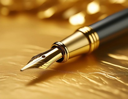 AI generated image showing a golden fountain pen closeup in golden ambiance