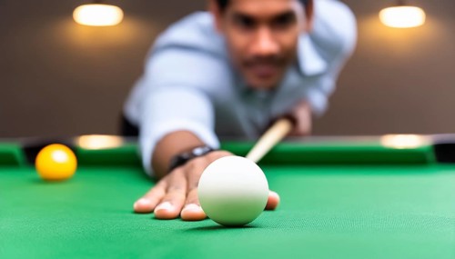 AI generated image showing a billiards table closeup with player and cue ball