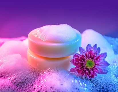AI generated closeup image showing a colorful illuminated soap bar with decorative blossom and foam