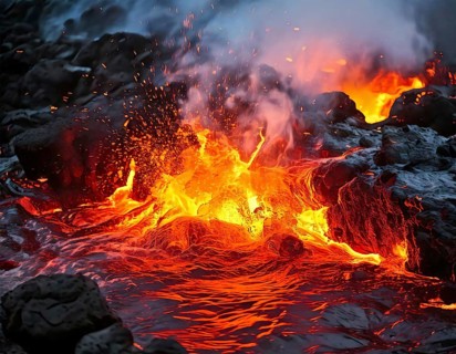 AI generated image showing flowing and glowing lava in rocky coastal dark ambiance