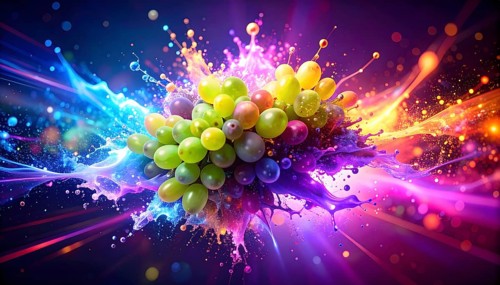 Viticulture and fruit theme showing white and red grapes in multicolored vibrant splashy ambiance.