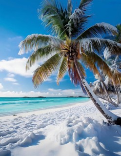 AI generated image showing a surreal snowbound tropical island in sunny ambiance