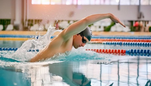 AI generated image showing a competitive swimmer closeup
