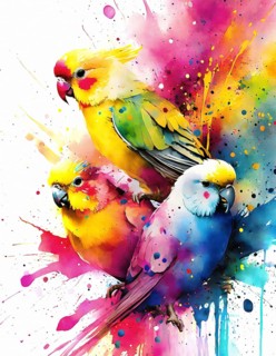 Animal, pet and wildlife theme showing some parakeets in multicolored vibrant splashy ambiance. AI