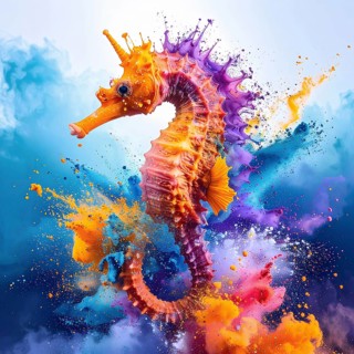 Animal and wildlife theme showing a seahorse in multicolored vibrant splashy ambiance. AI generated