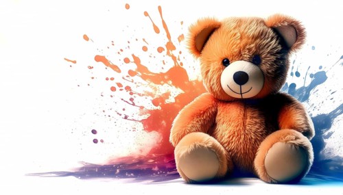 Toy and childhood theme showing a cute brown Teddy bear sitting in multicolored vibrant splashy