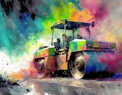 Construction theme showing a road roller in multicolored vibrant splashy ambiance. AI generated