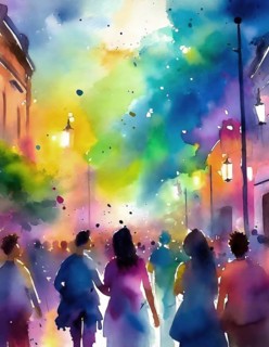 AI generated image showing a colorful illuminated downtown party at evening time, watercolor style