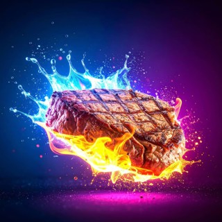 Cooking and cuisine theme showing a rosted steak in multicolored vibrant splashy ambiance. AI
