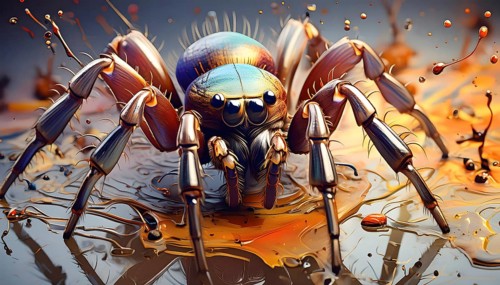 Animal and Halloween theme showing a spider in multicolored vibrant splashy ambiance. AI generated