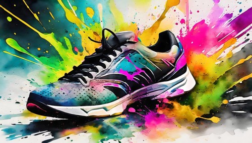 Sports theme showing a modern sneaker shoe in multicolored vibrant splashy ambiance. AI generated