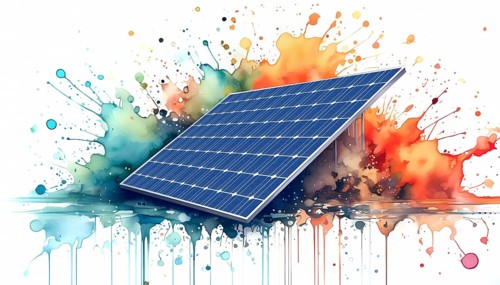 Photovoltaic theme showing a solar panel in multicolored vibrant splashy ambiance. AI generated