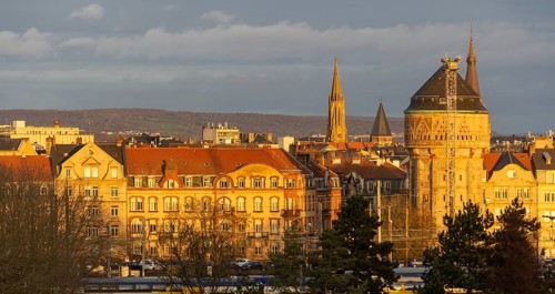 Sunny illuminated high angle view of Metz, a city in the Lorraine region at northeast France at