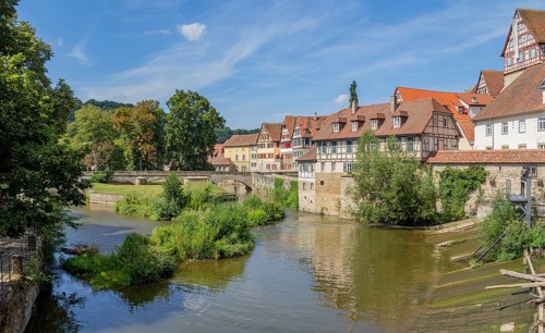 City view of a town named Schwaebisch Hall in Southern Germany at summer time
