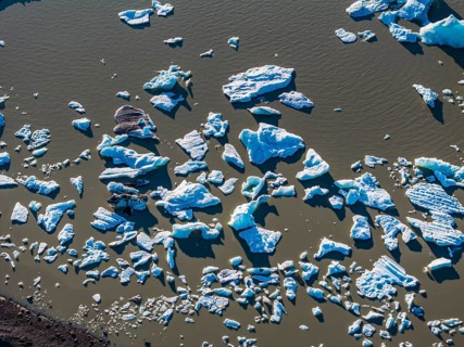 Ice floes, glacial lake, sunny, aerial view, summer, Kviarjökull, Vatnajökull, Iceland