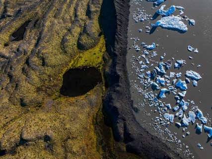 Ice floes, glacial lake, sunny, aerial view, summer, Kviarjökull, Vatnajökull, Iceland