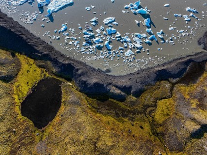 Ice floes, glacial lake, sunny, aerial view, summer, Kviarjökull, Vatnajökull, Iceland